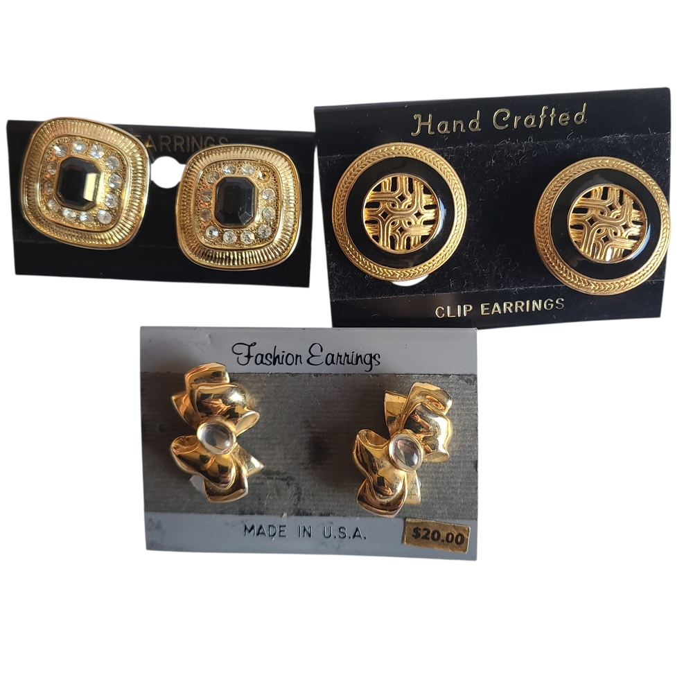 Vintage Gold Tone Clip Earrings Bundle Geometric Statement Set